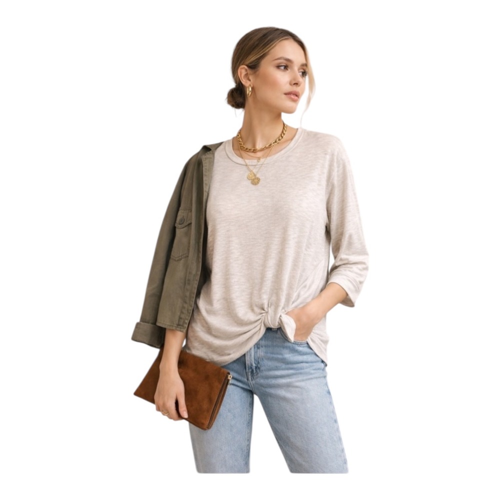 Bobeau Tie Front Beige Knit Top M Soft Girl Minimalist Quiet Luxury Capsule‎